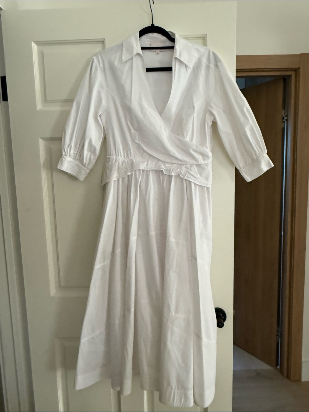 cinq a sept White Wrap Midi Dress with Collared Neck